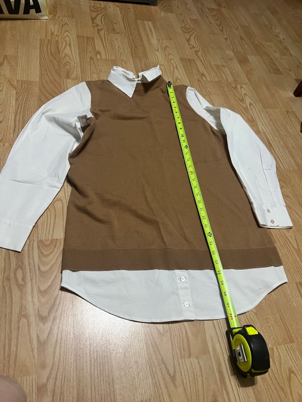 STAUD Brown and White Layered Knit Vest with Shirt Collar Detail
